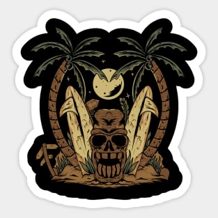 Tiki skull surfer palm trees beach .Hallloween Sticker